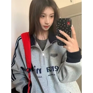 侧条纹棒球服男款秋冬麂皮绒运动夹克高街痞帅外套 WY33图片