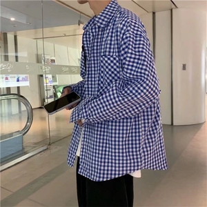 C176-P30 春季ins港风长袖格子衬衫男韩版潮流宽松情侣小清新图片