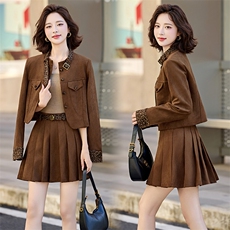 撞色拼接豹纹套装裙女2025秋新款洋气小个子减龄百褶裙两件套，女装套装/套裙，冬木谷雨