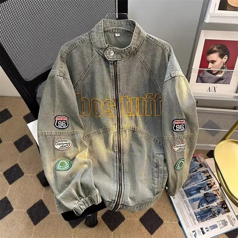 机车风牛仔外套男水洗做旧潮刺绣宽松复古高街夹克上衣HH8899P70，男装工装外套，星座1013-5