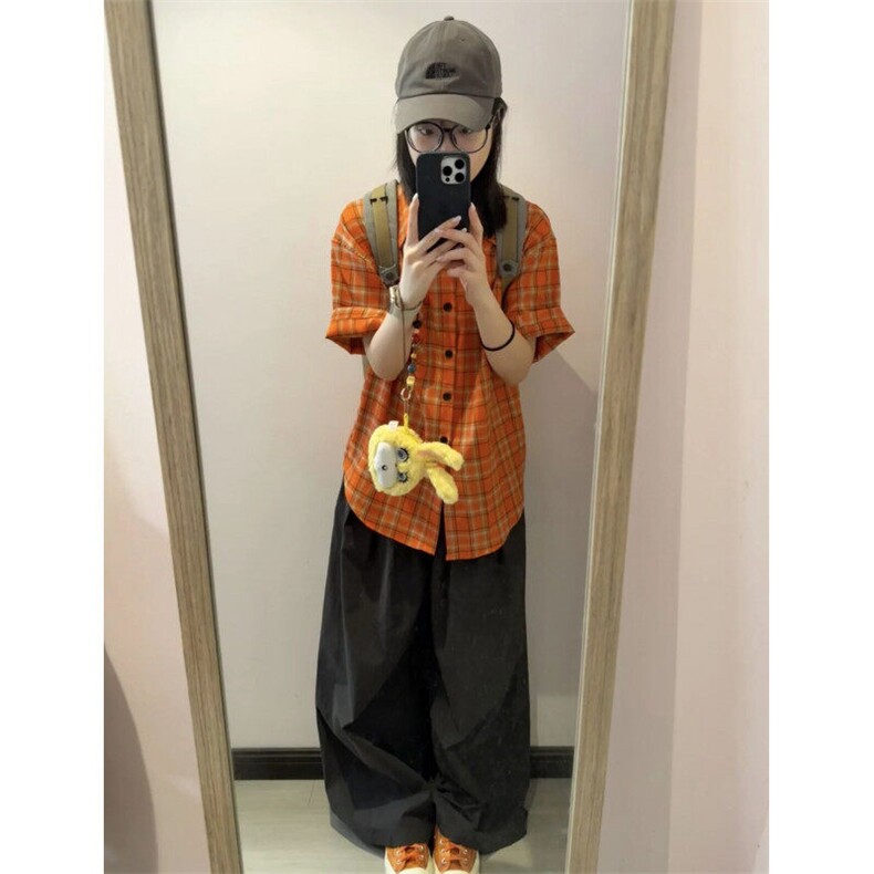 美式橙色设计格纹长袖衬衫男女宽松情侣格子复古铆钉衬衣DXC01P30,男装衬衫,电商D256