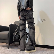 青少年美式复古水洗拼接毛边牛仔裤FB76P68，男装牛仔裤，星座1116-2