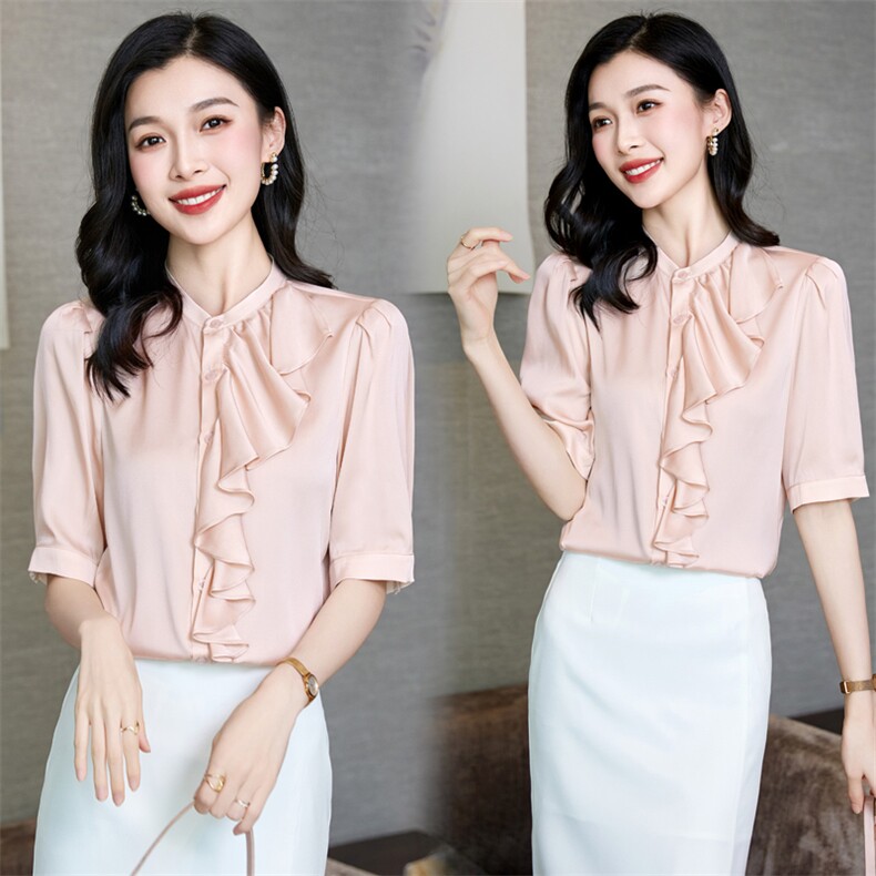 真丝衬衫女七分袖夏装2024女装年轻百搭纯色桑蚕丝温柔高阶感上衣,女装衬衫,阿舍尔精品