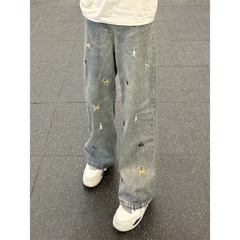 黑色复古趣味小狗刺绣牛仔裤女春季新款慵懒风直筒宽松显瘦阔腿裤,男装牛仔裤,星座1210-1