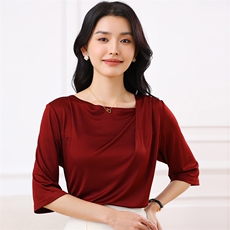 三醋酸断面荡领五分袖短袖t恤女薄款夏季透气百搭高级感半袖上衣，女装T恤，伊绒腾羊绒