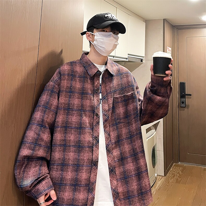 控价59港风格子衬衫宽松外套男女衬衣百搭格子外套CS2418P35,男装衬衫,电商A128