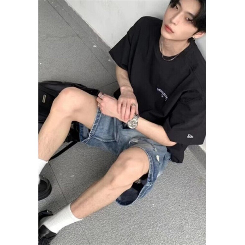 复古夏季薄款膝盖破洞牛仔裤短裤男款宽松阔腿休闲五分裤D18,男装牛仔裤,星座1116A（原606A-3）