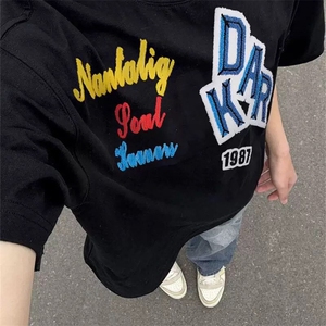 万针全刺绣工艺抖音得物高品质260克重磅纯棉双纱美式高街短袖T恤图片
