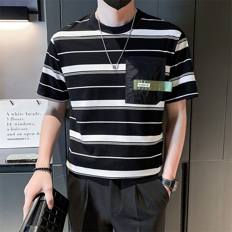 2025新款夏季短袖T恤男潮牌条纹圆领半袖体恤A313-1-23030-P48,男装T恤,电商A313-1