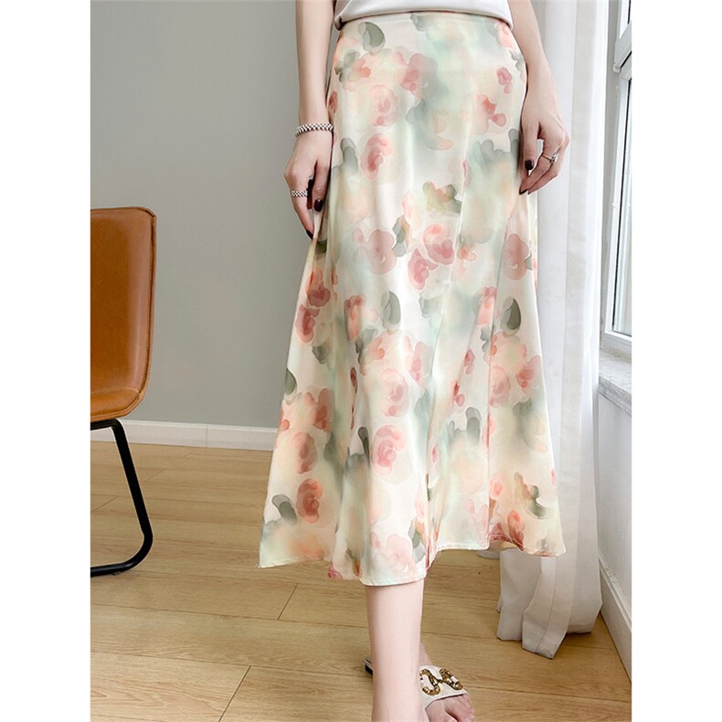 重磅真丝缎面半身裙女夏季法式印花醋酸气质高腰桑蚕丝a字中长裙，女装半身裙，圣丽羊绒