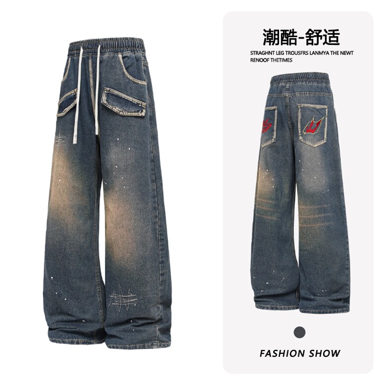 B221 美式ins高街暗黑喷墨刺绣宽松直筒牛仔裤 LK24345-P65控88图片