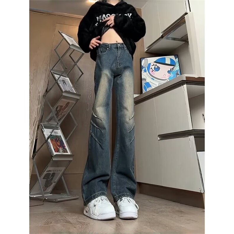 废土风复古脏染抓痕牛仔裤宽松直筒阔腿vintage裤子K7101-P45网图，女装休闲裤，电商B245