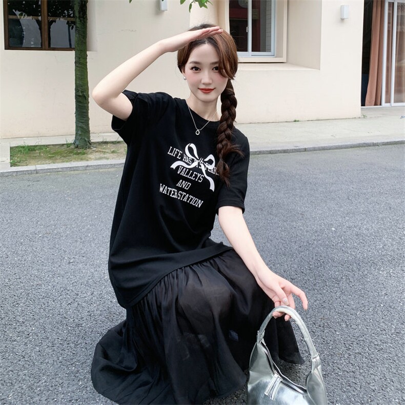 《现货48H发》翻领抽绳印花假两件连衣裙,女装连衣裙,MQ