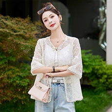 夏季2025新款薄款长袖蕾丝雪纺防晒衬衫新中式复古刺绣盘扣上衣女，女装防晒衣，妙形