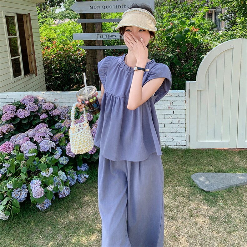 韩版俏皮减龄木耳边上衣套装女2025夏季新款宽松显瘦阔腿裤两件套,女装套装/套裙,维壹