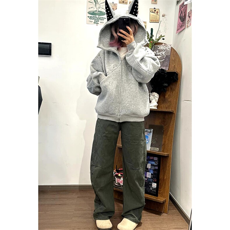 抖音得物高品质 26春装美式高街铆钉杜宾犬耳朵开衫卫衣外套W125图片