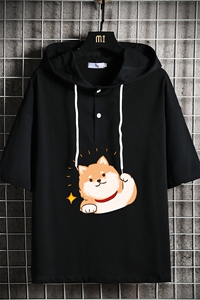 LD54146-P45 连帽短袖t恤男大码胖子带帽五分袖中袖 网格挂拍图片