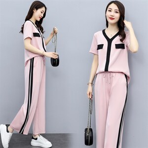 2021年夏季新款女装休气质休闲撞色时尚套装两件套图片