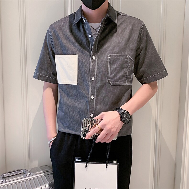 2025新款夏季牛仔衬衫男士短袖潮牌工装男士衬衣A313-1-W515-P58,男装T恤,电商A313-1