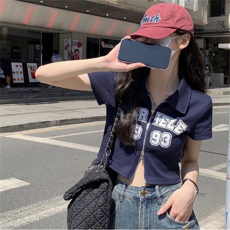 ZT6013-P40短款正肩开衫华夫格上衣女夏季辣妹显瘦T恤POLO衫图片