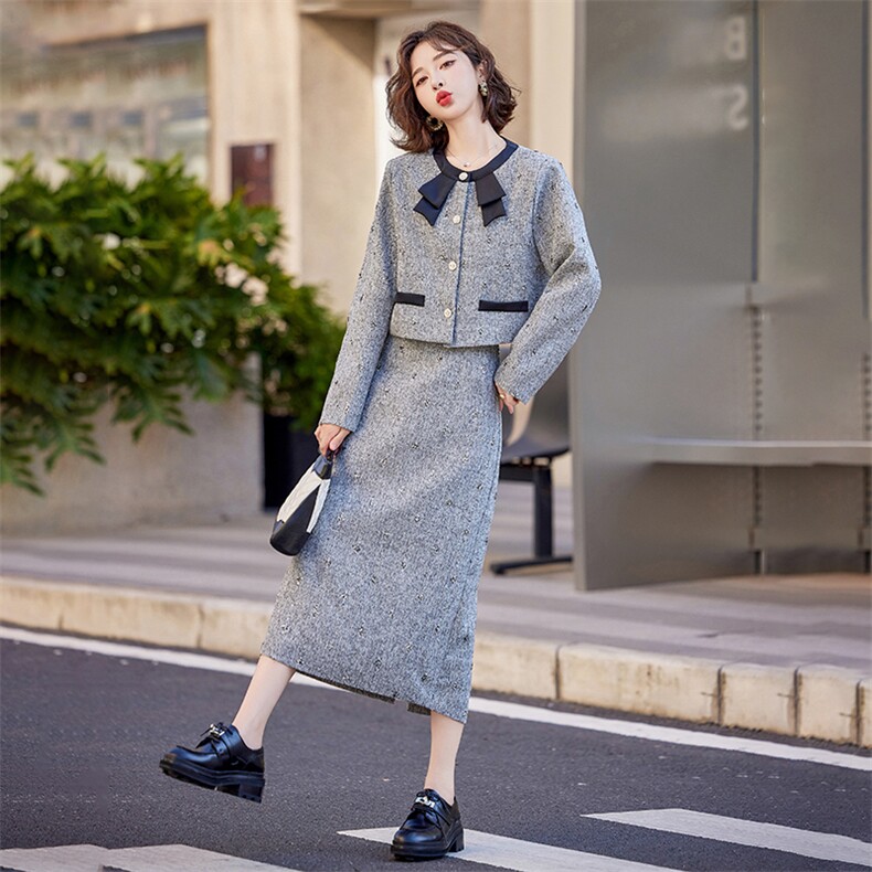 【财阀千金系列】2024新款秋冬气质重工小香套装亮丝长裙两件套女,女装套装/套裙,苗苗