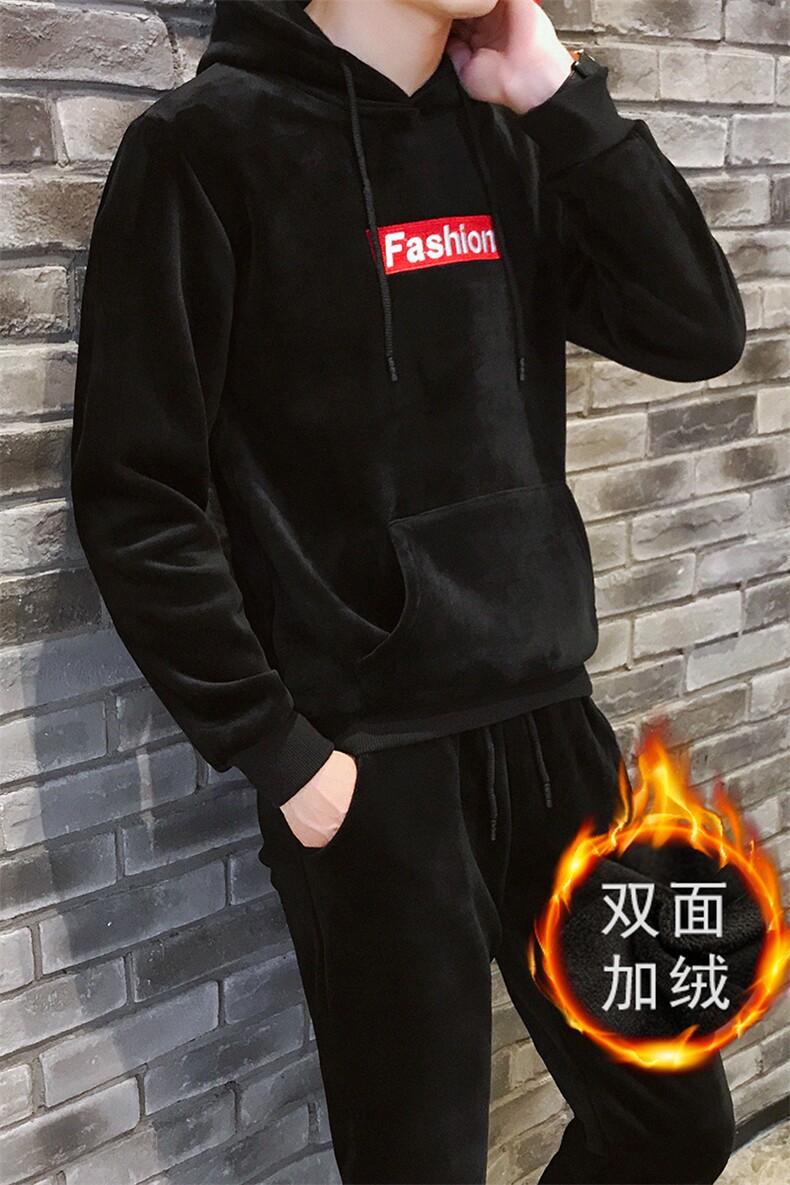 秋冬加绒加厚运动休闲两件套连帽金丝绒卫衣套装男TZ33,男装卫衣,电商A441