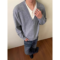 深灰色假两件V领毛衣男款秋冬美式覆古针织衫老钱风慵懒开衫外套，男装针织衫/毛衣，星座516A