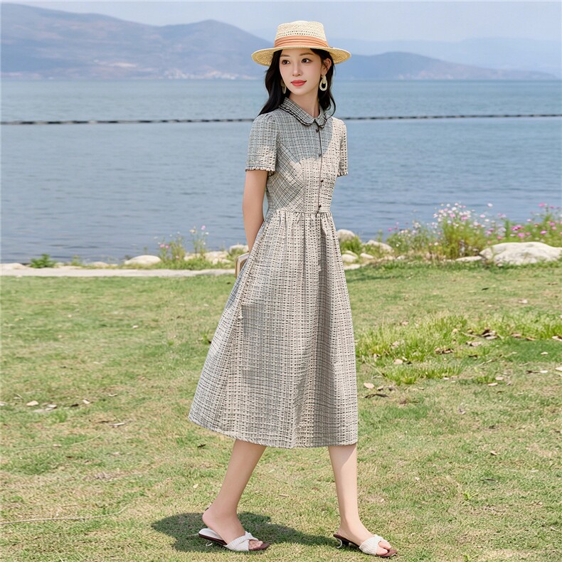 学院风格纹连衣裙女春夏收腰显瘦中长裙格子裙子,女装连衣裙,水衣源