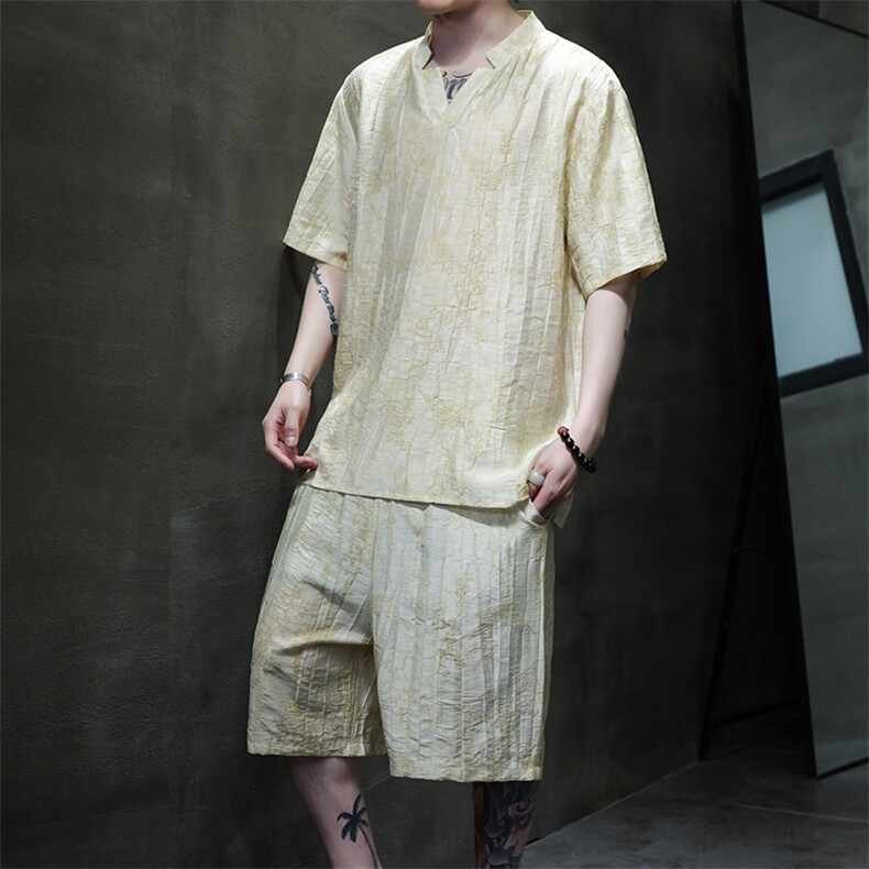 2025夏新款风男装新中式盘扣天丝提花套装短裤+短袖A99-P115，男装休闲套装，电商B277(原6028)