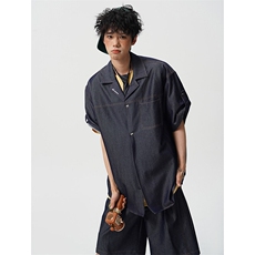 8XL-M夏季简约高级感冰丝牛仔古巴领男休闲痞帅宽松套装潮TZ109，男装休闲套装，电商D206-1