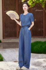 新中式天丝牛仔阔腿裤套装女夏季薄款2024新款盘扣休闲运动两件套，女装套装/套裙，慕依路