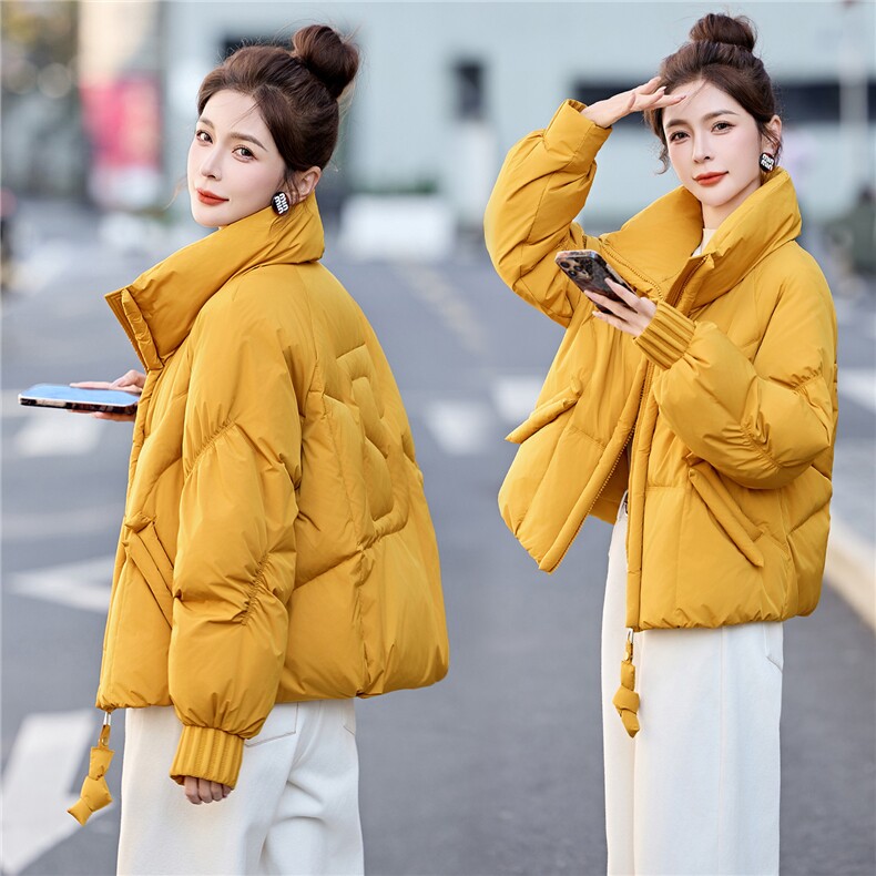 现货！无帽立领时尚优雅风保暖羽绒服女玫红色大气保暖外套，女装羽绒服，沐七七