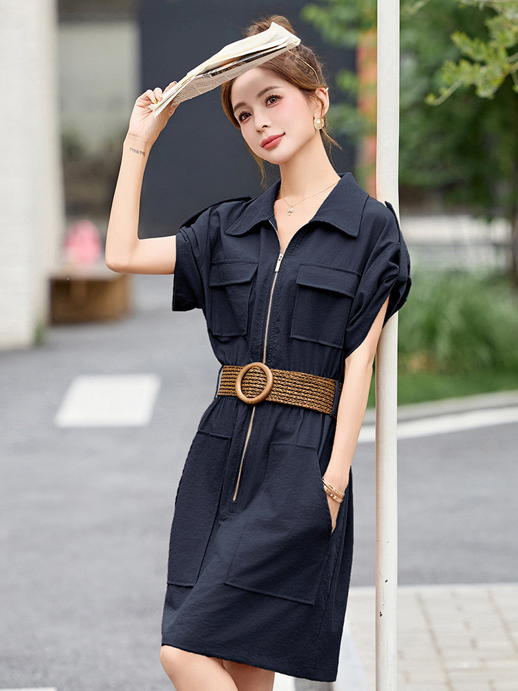时尚休闲翻领工装风连衣裙女2025夏季新款小个子宽松显瘦短袖裙子,女装连衣裙,美沁