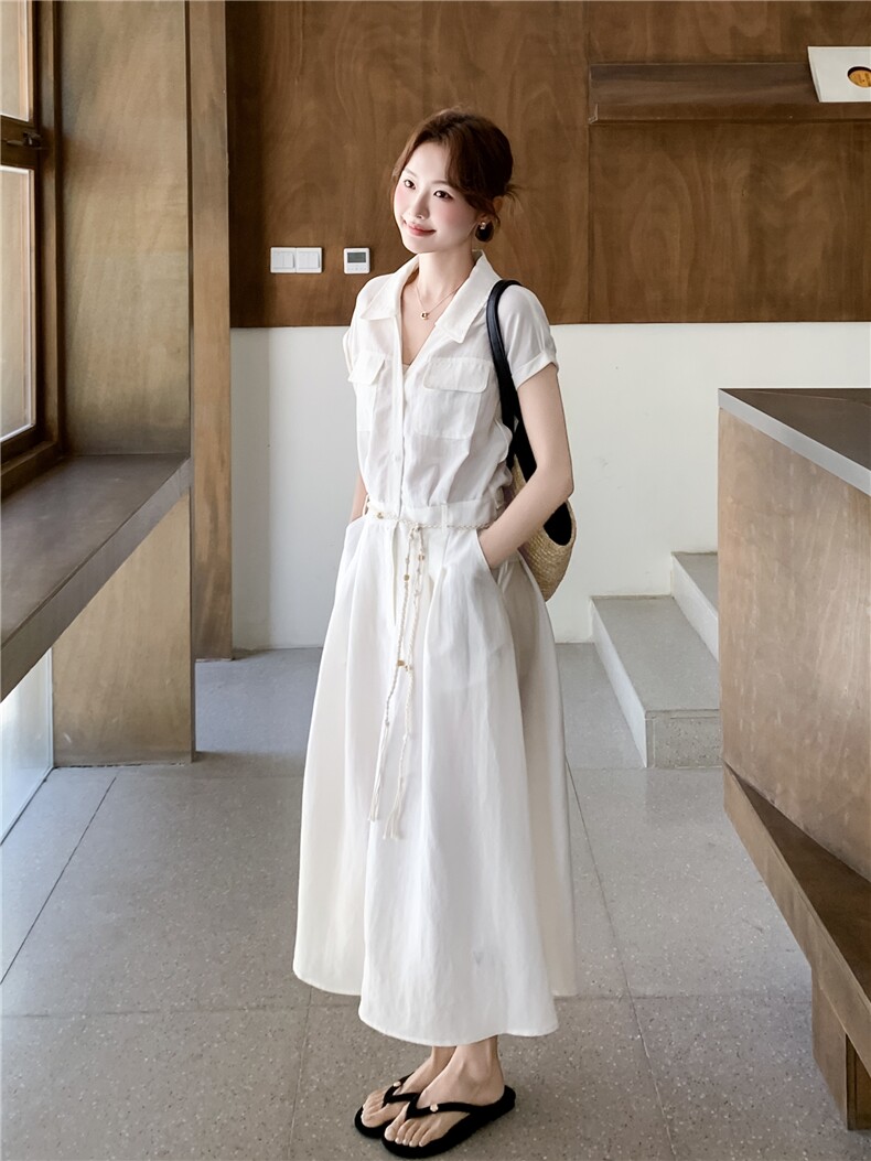2026夏季浅蓝色短袖翻领衬衫连衣裙女新款简约气质系带收腰长裙子,女装连衣裙,霓裳依族