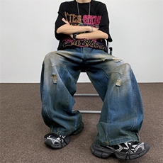 脏脏破洞牛仔裤男美式复古潮牌拖地阔腿高街设计感反穿宽松老爹裤，男装牛仔裤，星座505-2（原电商A260-1)
