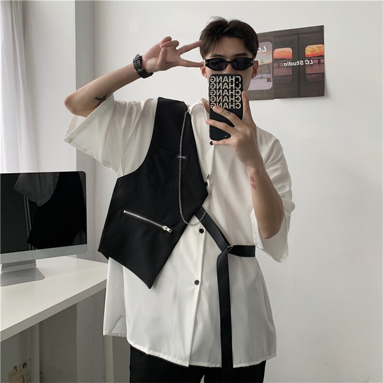 短袖衬衫配马甲高级感男装设计感假两件拼接衬衣外套W3057-P46,男装衬衫,星座512-2