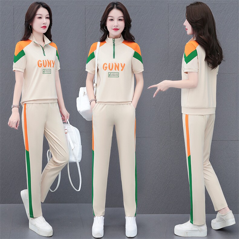 燕颉立领运动服短袖套装女2023年夏季新款跑步服时尚休闲服两件套,女装套装/套裙,燕颉服饰