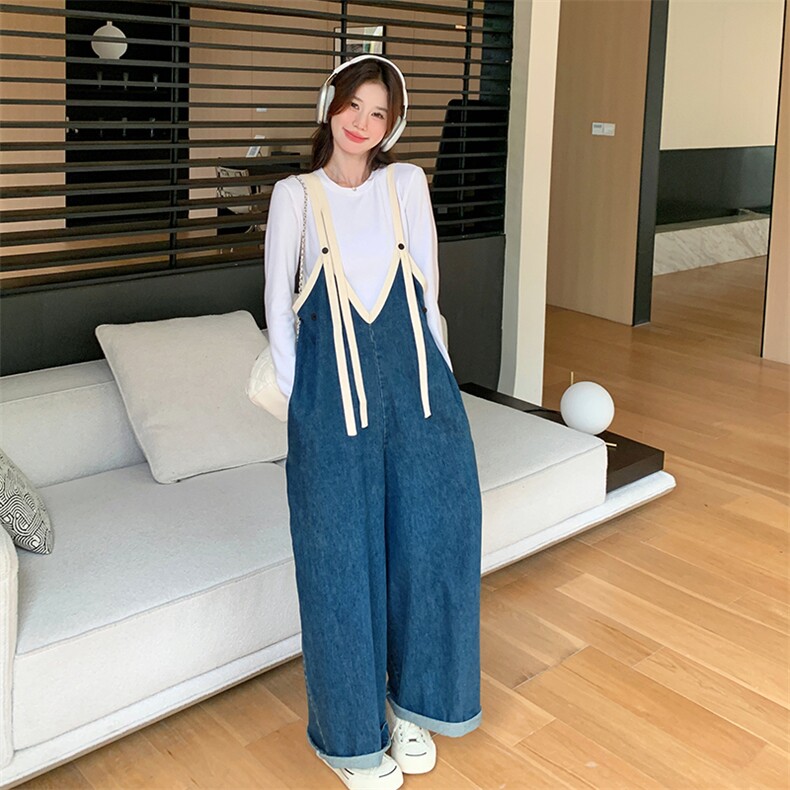蓝色学院风俏皮减龄牛仔背带裤女春季新款大口袋设计直筒连体裤子,女装牛仔裤,秋水欣儿