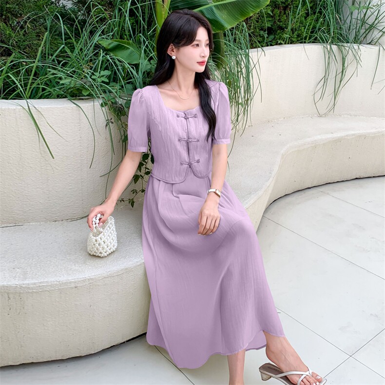 现货新中式气质假两件套连衣裙女2024夏季新款复古元素改良旗袍,女装连衣裙,网红馆