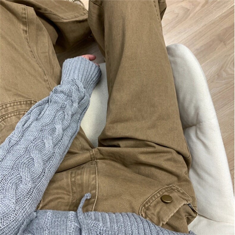 美式复古牛仔裤直筒微喇叭水洗工装裤男女街头多口袋拼接长裤潮牌图片