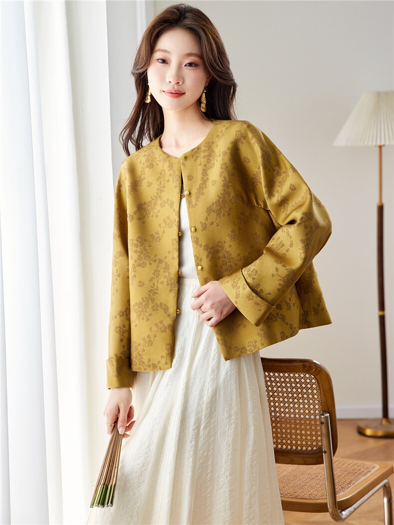 在仓~2026年春季圆领插肩袖单排扣真口袋提花带里布拼色外套,女装短外套,新依时派