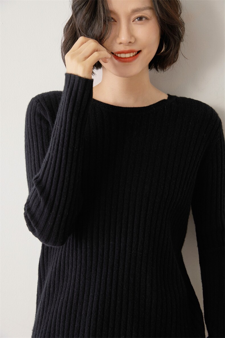 时尚百搭女士羊绒衫圆领竖纹设计简约休闲风格舒适保暖,女装羊绒衫,雪山红莲