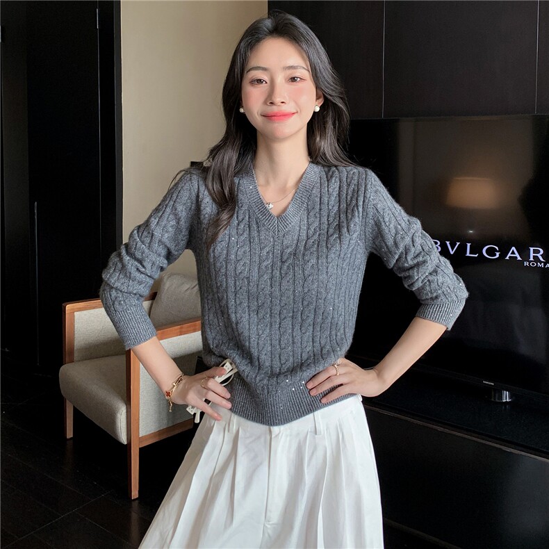 2025秋冬百搭时尚v领长袖抽条舒适内搭,女装羊绒衫,玛卡隆羊绒