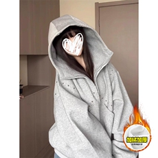 480G重磅加绒硬挺boxy男女秋冬美式高街卫衣铆钉拼接开衫厚外套，女装短外套，电商A486-1