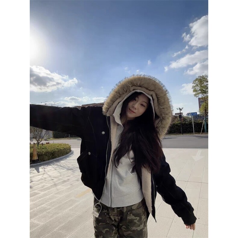 现货重磅boxy短款棉衣座山雕大毛毛领男女棉服水洗工装厚外套,男装棉衣,电商A486
