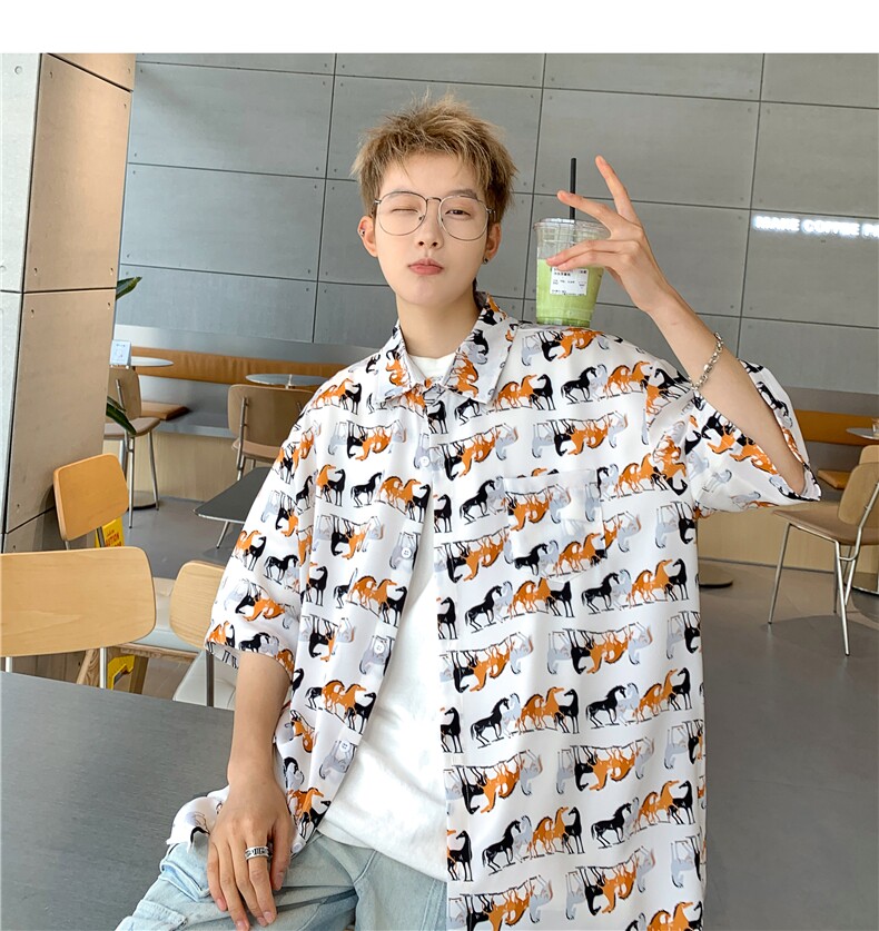 EQ408冰丝垂感卡通小马夏季男士衬衫沙滩旅游情侣款短袖衬衣P40,男装衬衫,电商C306-1