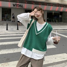 价休闲百搭V领针织马甲上衣撞色弹力宽松背心，女装针织衫/毛衣，潮品会