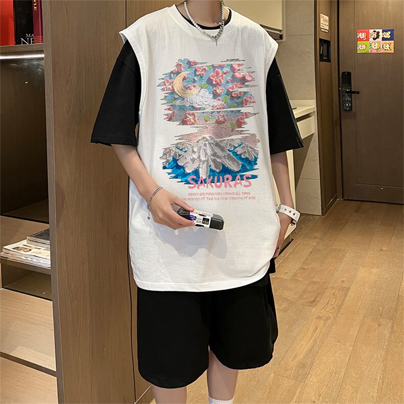 直播品质美式宽松纯棉背心无袖t恤短裤大码两件套套装TZ92-P58,男装T恤,电商A486