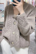 加厚绞花100%纯羊毛开衫女宽松慵懒风V领羊绒毛衣外套针织打底衫，女装羊毛衫，恩泰羊绒
