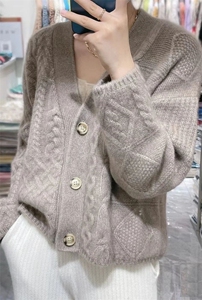 加厚绞花100%纯羊毛开衫女宽松慵懒风V领羊绒毛衣外套针织打底衫图片